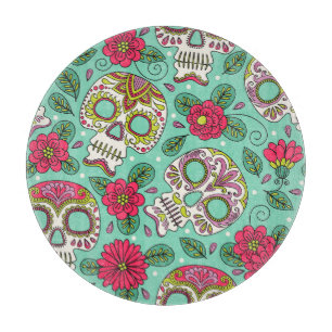 Tabla De Cortar Calavera y flores mexicanas, sin costura.