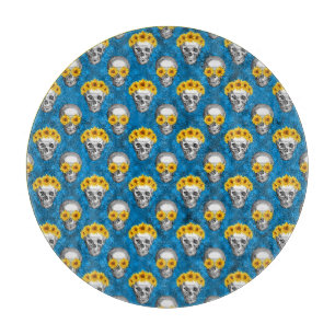 Tabla De Cortar Calaveras Azules y Serie de Girasoles Diseño 1