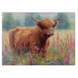 Tabla De Cortar Campo de flor silvestre Highland Cow Watercolor