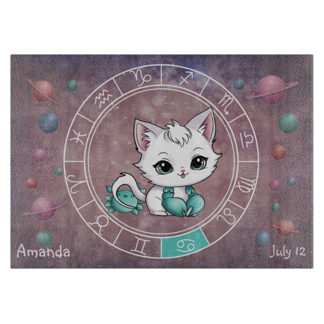 Tabla De Cortar Cáncer Astrológico Cute gato Rueda Zodiac (Anverso)
