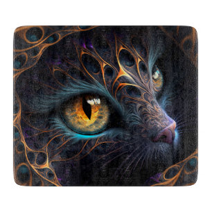 Tabla De Cortar Cara de gato fractal en colores negro y vibrante