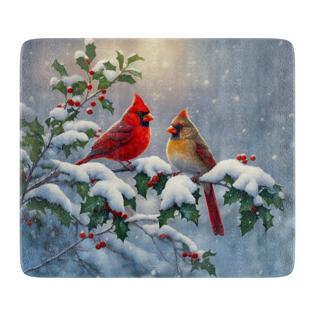 Tabla De Cortar Cardenales rojos y Holly en la nieve (Anverso)