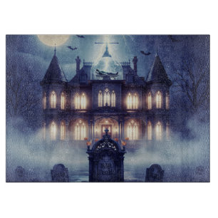 Tabla De Cortar Casa de Halloween con Frankie, azul oscuro