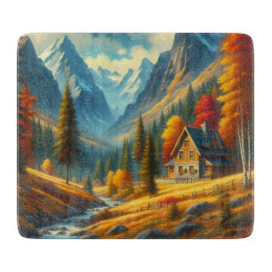 Tabla De Cortar Casa de montaña rústica y río de otoño