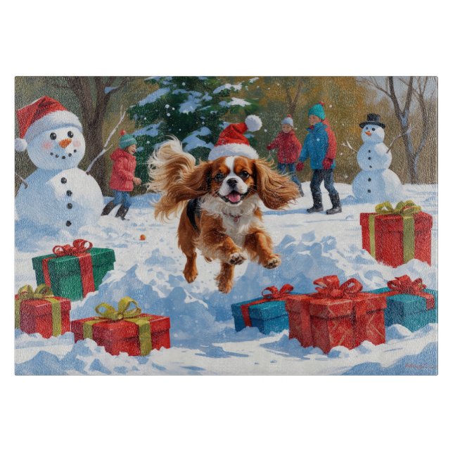Tabla De Cortar Cavalier King Charles Spaniel Nieve con Navidad  (Anverso)