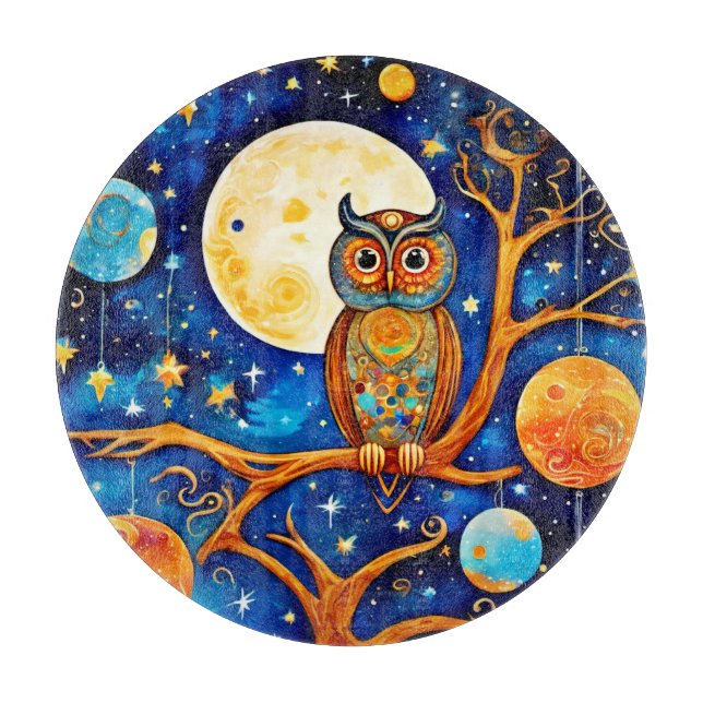 Tabla De Cortar Celestiales de búho caprichosos: estrellas, luna,  (Anverso)