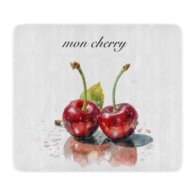 Tabla De Cortar Cerezas queridas en acuarela, personalizado (Anverso)