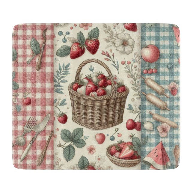 Tabla De Cortar Cesta de Frutas Gingham Diversión (Anverso)