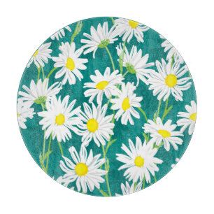 Tabla De Cortar Chamomile Turquoise: Ilustracion floral sin foco.
