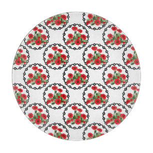 Tabla De Cortar Chic Deslucido Rojo, Amapolas Florales Negras y Bl