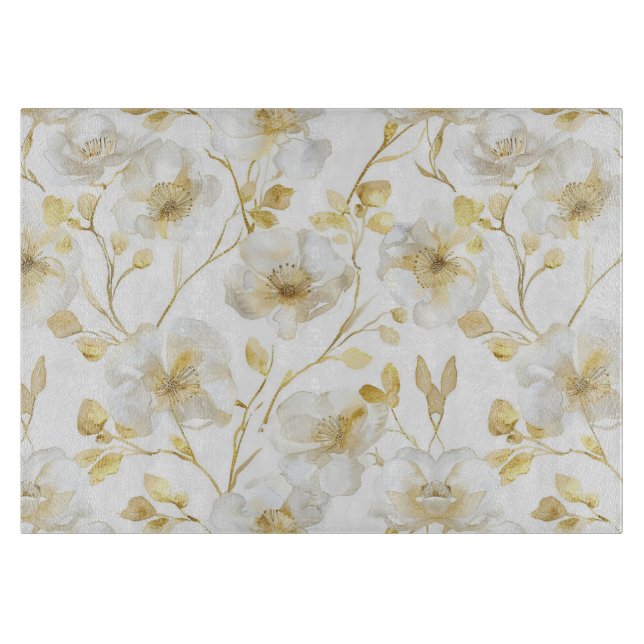 Tabla De Cortar Chic Flores Blancas Doradas Baño Nupcial (Anverso)