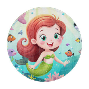 Tabla De Cortar chica de sirena personalizado en el mar con pescad