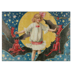 Tabla De Cortar Chica Luna Llena Demonio Murciélago Estrellas