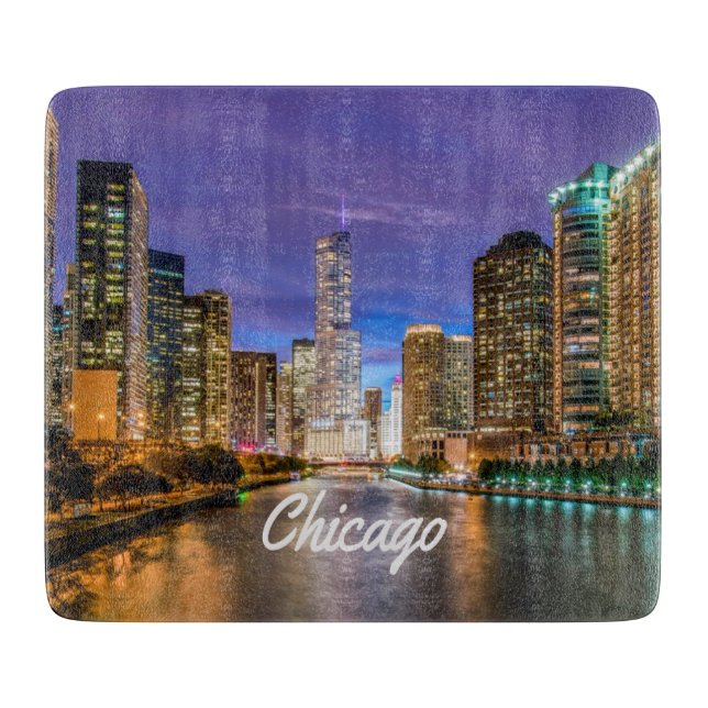 Tabla De Cortar Chicago Illinos City Por La Noche (Anverso)