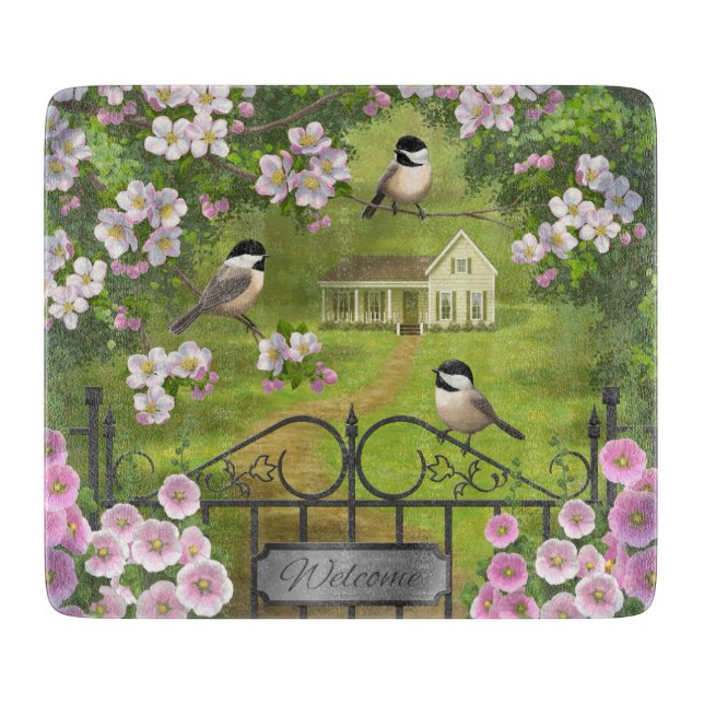 Tabla De Cortar Chickadees flaman granja victoriana (Anverso)