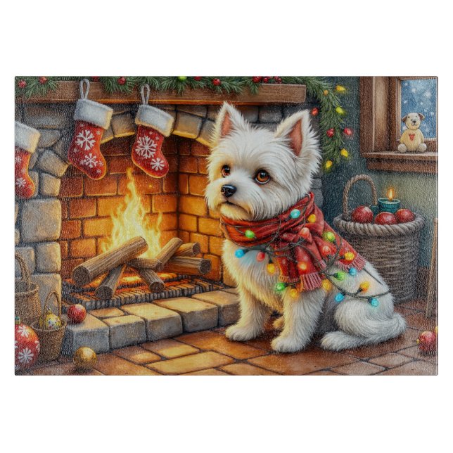 Tabla De Cortar Chimenea Bichon Frise con Luces de Navidad (Anverso)
