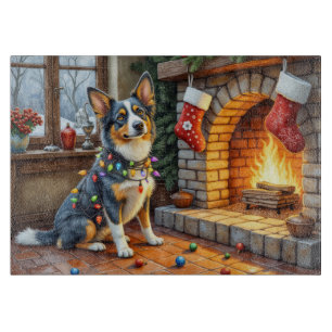 Tabla De Cortar Chimenea con Luces de Navidad y Blue Heeler