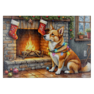 Tabla De Cortar Chimenea con Perro Carolina y Luces de Navidad