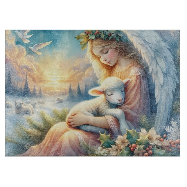 Tabla De Cortar Christmas Angel with Lamb in Winter Peace (Anverso)
