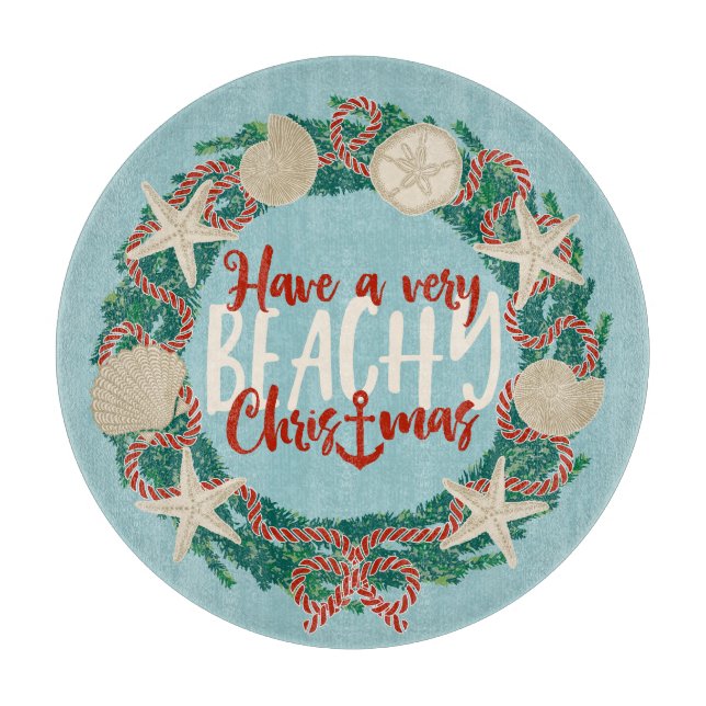 Tabla De Cortar Christmas Coastal Tropical Sea Shell Wreath -Aqua (Anverso)
