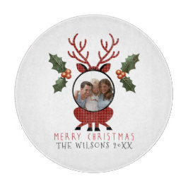 Tabla De Cortar Christmas Plaid Reindeer with Personalized Photo