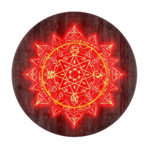 Tabla De Cortar Círculo Mágico Rojo Brillante Con Símbolos Místico