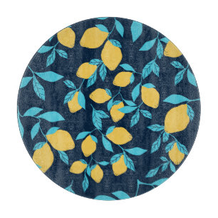 Tabla De Cortar Citro simple: limones en azul.