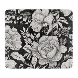 Tabla De Cortar Clásico Floral Negro y Blanco Vintage