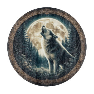 Tabla De Cortar Clásico, lobo vintage y luna