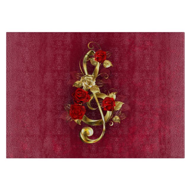 Tabla De Cortar Clave de Sol Dorada con Flores de Rosa (Anverso)