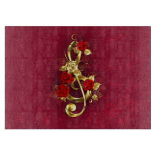 Tabla De Cortar Clef de sol dorado con flores de rosa