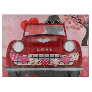 Tabla De Cortar Coche de perro caniche con corazones de San Valent
