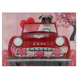 Tabla De Cortar Coche de perro Pug con corazones de San Valentín