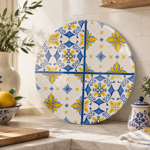Tabla De Cortar Cocina de azulejos mediterráneos azul y amarillo