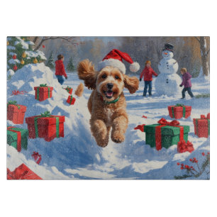 Tabla De Cortar Cockapoo corriendo en la nieve con sombrero de Nav