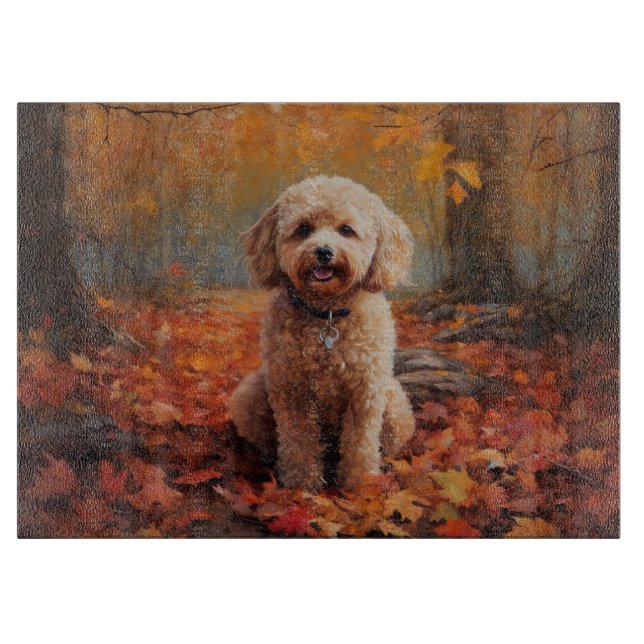 Tabla De Cortar Cockapoo en otoño inspira caída de hojas (Anverso)