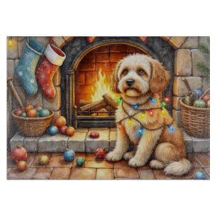 Tabla De Cortar Cockapoo Sentado junto a la Chimenea con Luces de