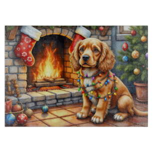Tabla De Cortar Cocker Spaniel junto a la chimenea con luces de Na
