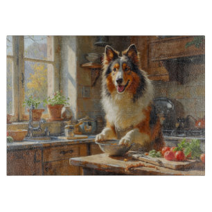 Tabla De Cortar Collie áspero cocinando en la cocina