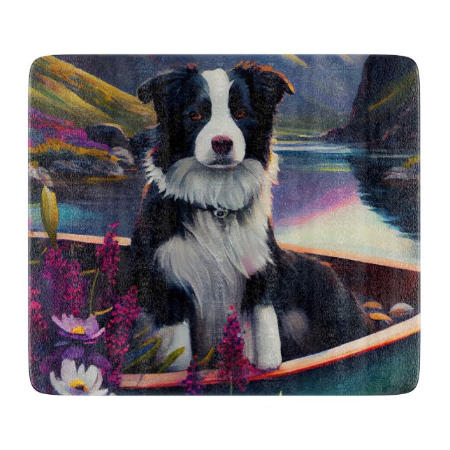 Tabla De Cortar Collie fronteriza en un remo: Una aventura escénic (Anverso)