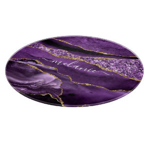 Tabla de cortar con brillo dorado morado y nombre