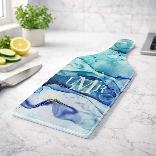 Tabla de cortar con monograma de tinta alcohólica  (Modern Abstract Alcohol Ink Monogram Cutting Board)