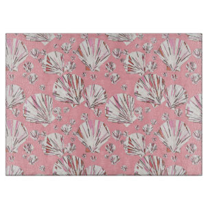 Tabla De Cortar conchas de coral, blancas y rosas, fondo rosa