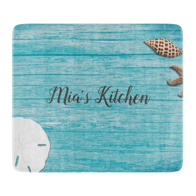 Tabla De Cortar Conchas de mar personalizadas en azul madera (Anverso)