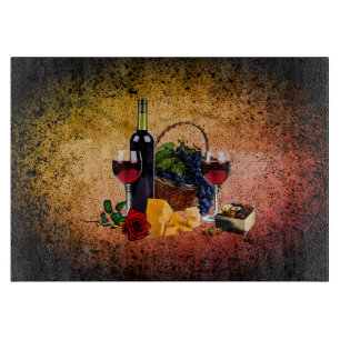 Tabla De Cortar Copas de vino, botella, uvas, queso, chocolates
