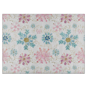 Tabla De Cortar Copos de nieve rosa, azul y dorado color de agua