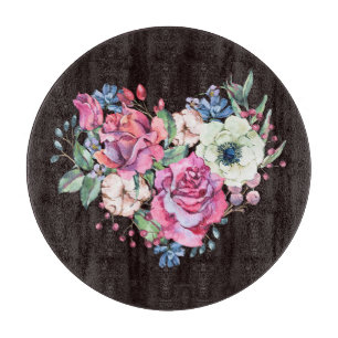 Tabla De Cortar Corazón acuarela floral: rosas vintage.