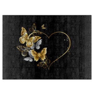 Tabla De Cortar Corazón con mariposas doradas