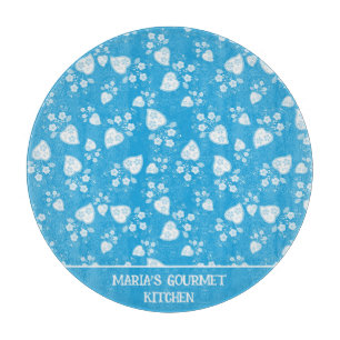 Tabla De Cortar Corazón de flores azul