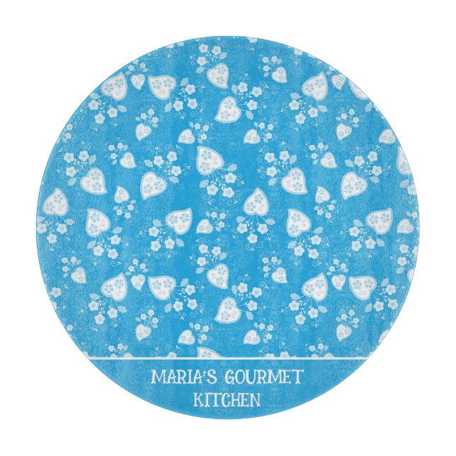 Tabla De Cortar Corazón de flores azul (Anverso)